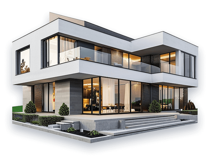 Modern cubic house with large glass windows, clean lines, and balconies. Surrounded by small shrubs. Elegant with a minimalist design against a dark background.
