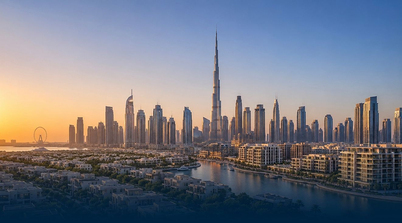 Dubai skyline at sunset with Burj Khalifa, waterfront residences, and marina