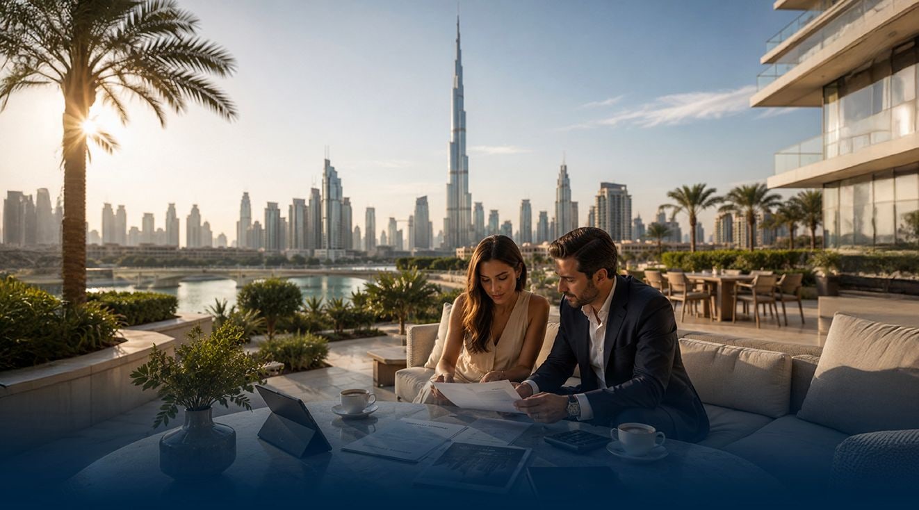 Reviewing Dubai mortgage paperwork on a terrace with Burj Khalifa skyline view