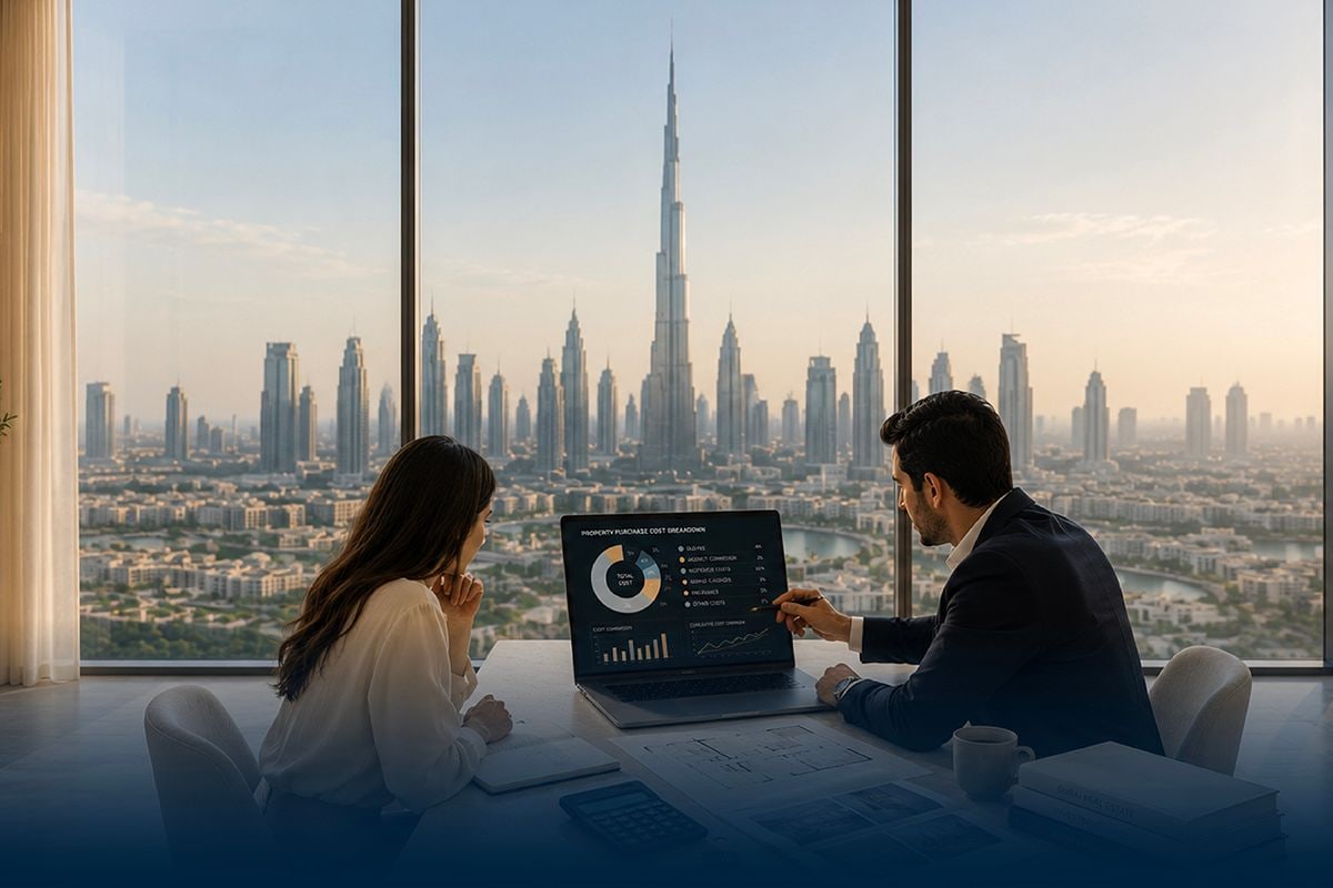 Dubai property cost analysis on laptop screen, Burj Khalifa skyline through window