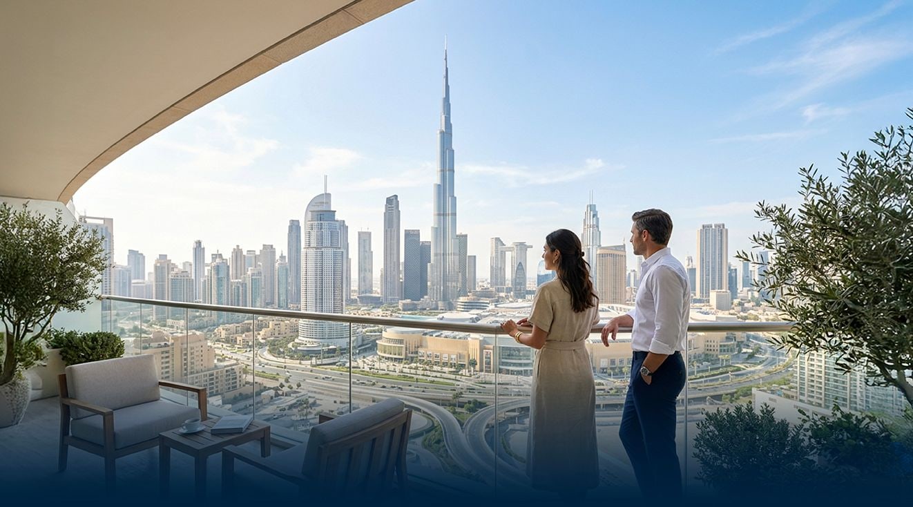 Dubai skyline view from a private residence balcony, Burj Khalifa in frame