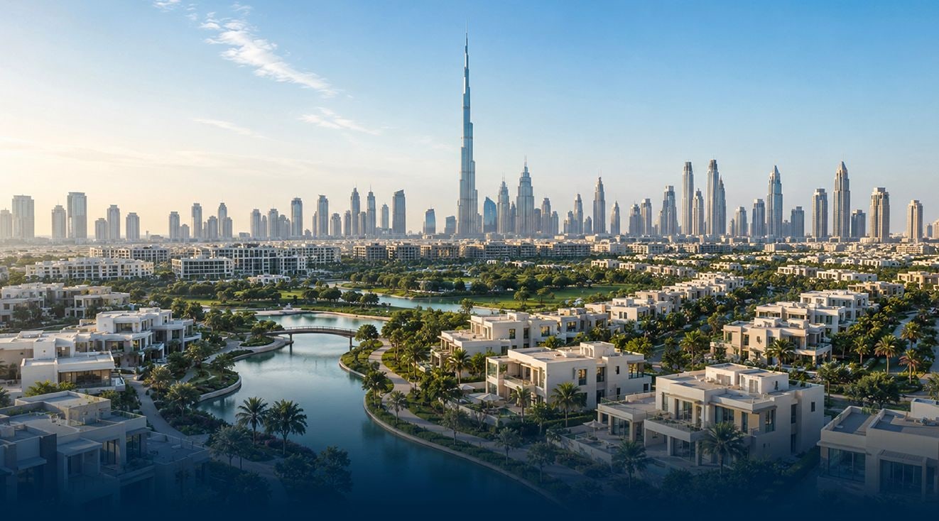 Buying property in Dubai — Burj Khalifa skyline and luxury waterfront villas