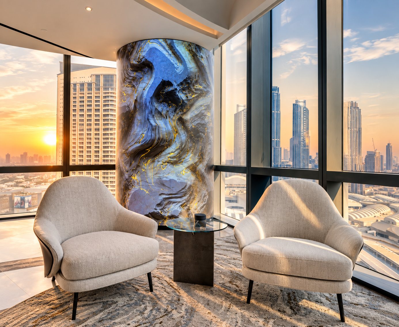 Data-driven generative artwork on a marble-clad column