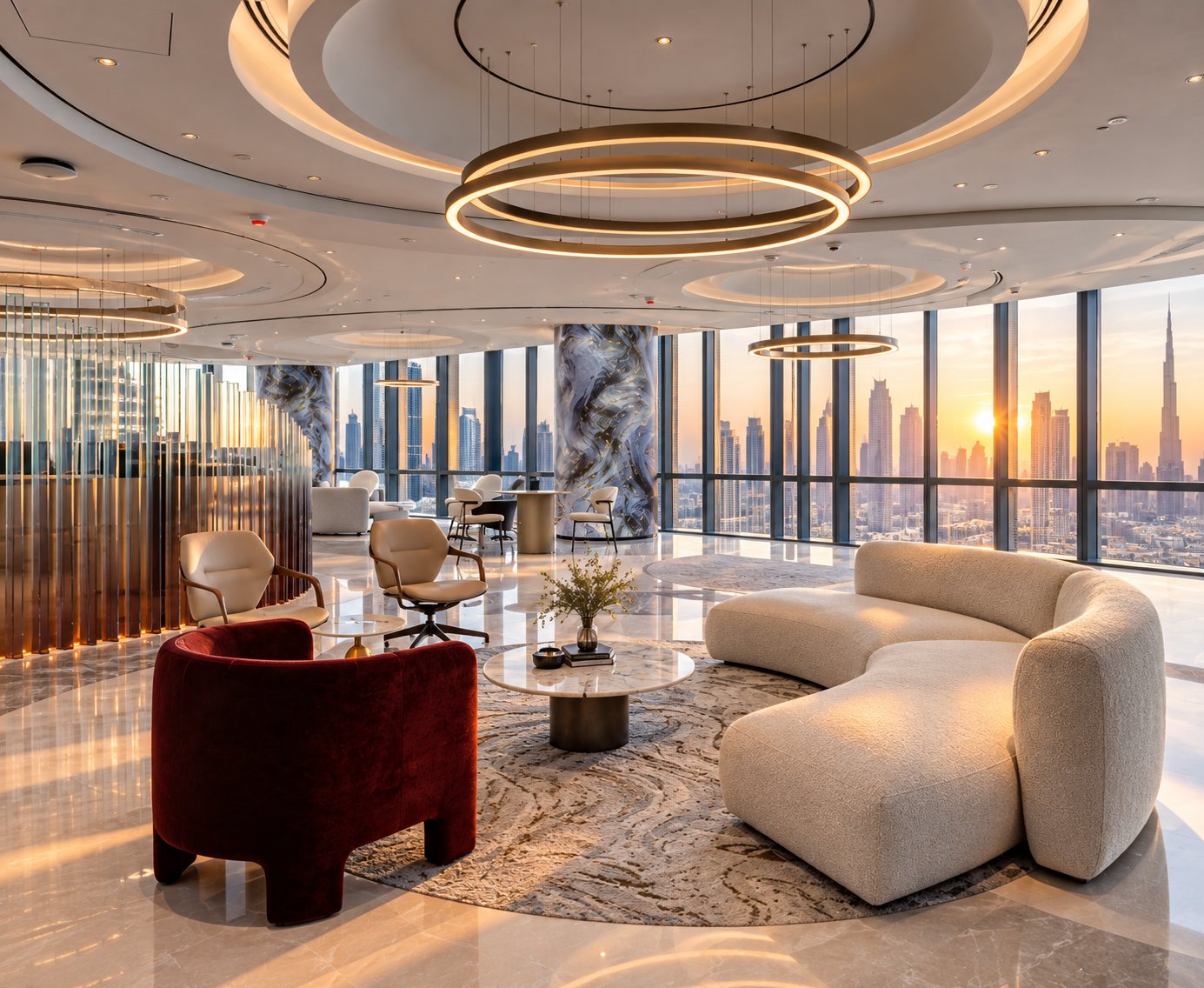 Lounge with a view of the Downtown Dubai skyline and Burj Khalifa at sunset