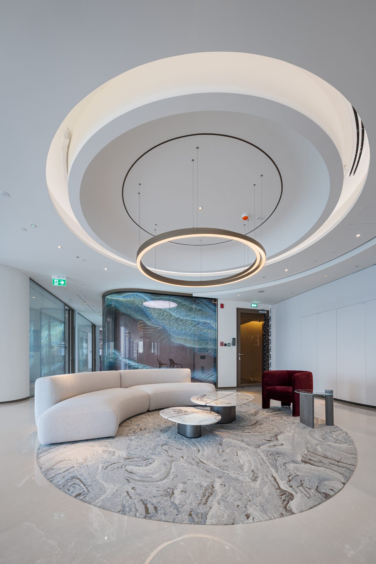 Lounge seating with holographic LED wave wall