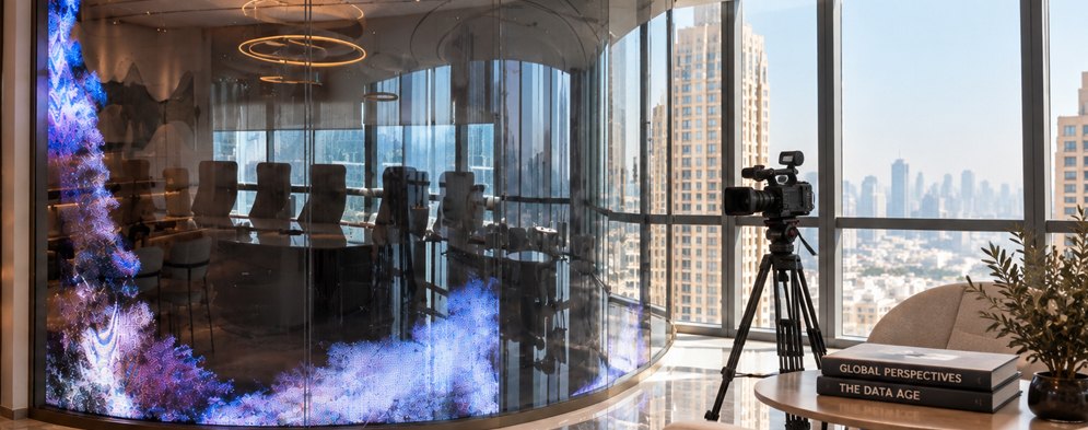 Media room with camera on tripod and generative art installation, overlooking Downtown Dubai