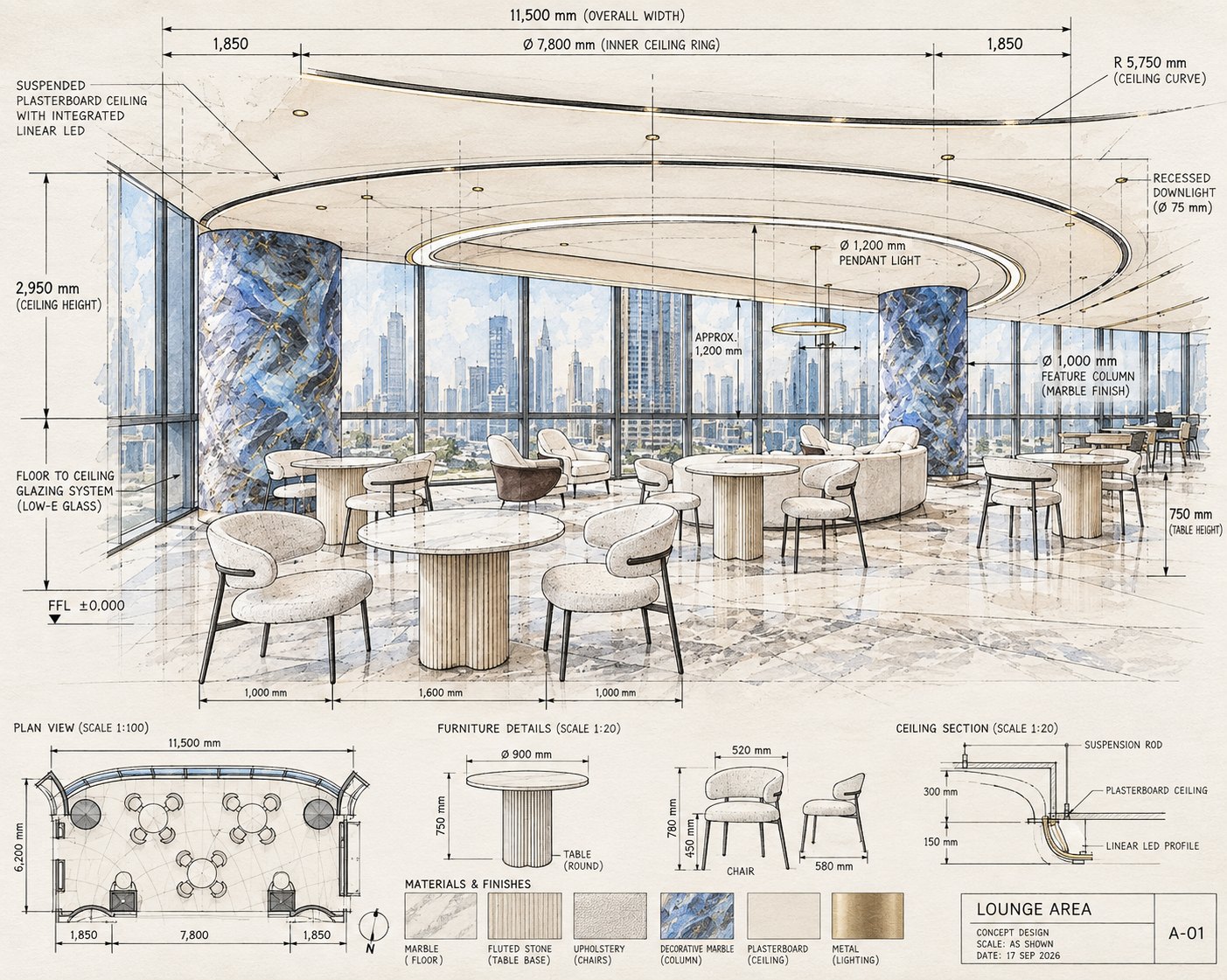 Annotated concept design sketch of the lounge area, with furniture and ceiling details