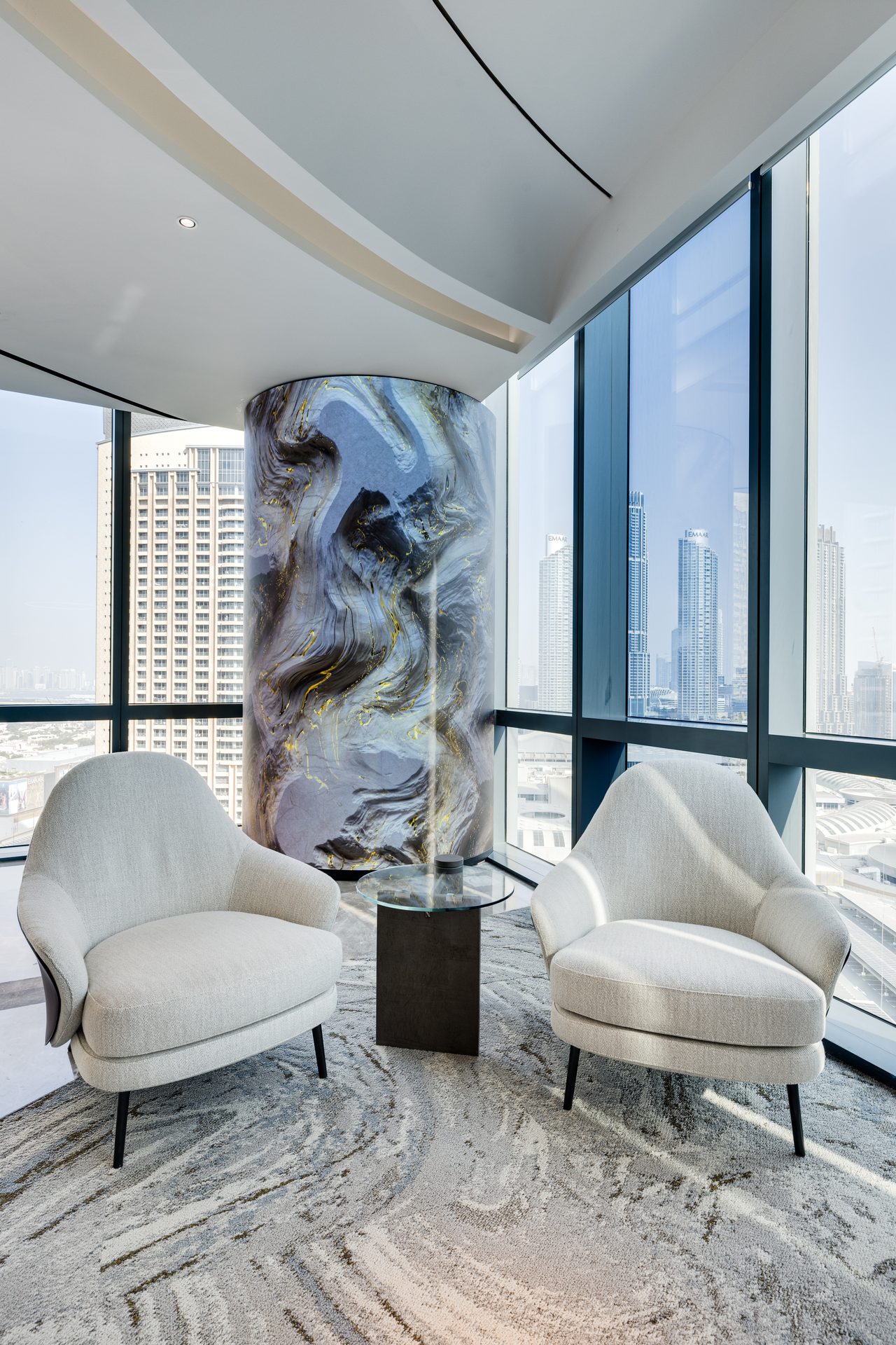 Reception area glass fin partition with amber gradient